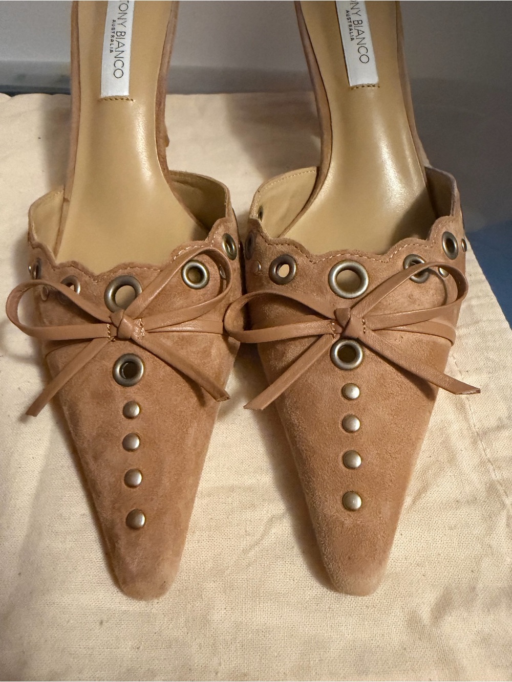 Tony Bianco Tan Suede Pointed Mule with Grommet & Bow Detail - Picture 3 of 6